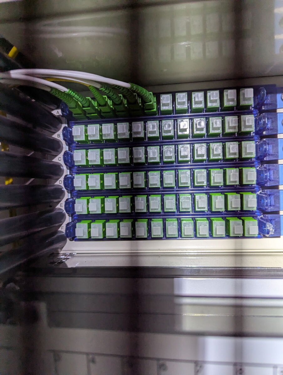 Fiber patch panel with labelled SC/APC connectors